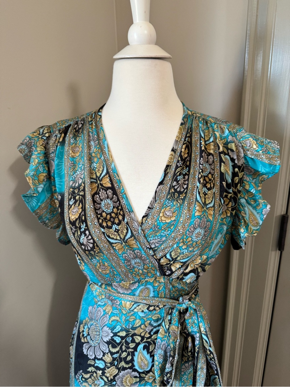 Floral Wrap Maxi Dress in Teal and Black Silk with Pockets